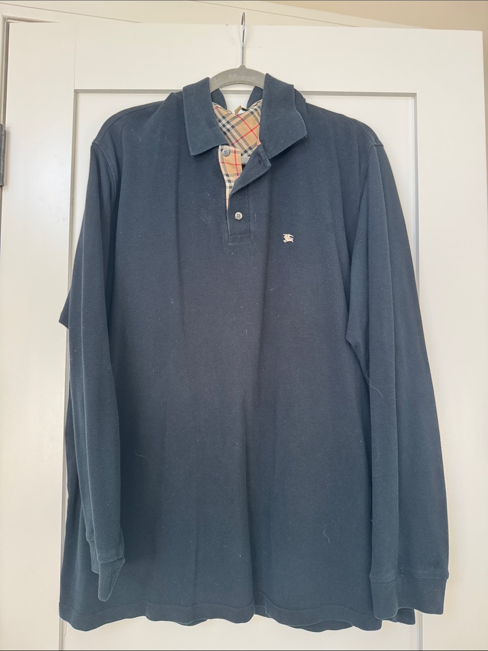 Burberry Navy Long-Sleeve Polo with Signature Check Collar